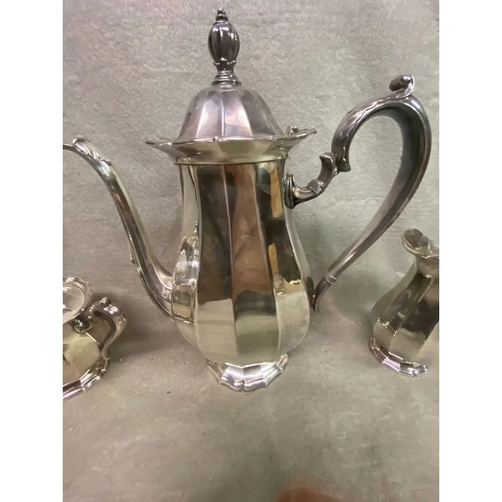 VINTAGE WEBSTER WILCOX 3 PIECE SILVER‎ PLATE TEA SET ENGLISH FLUTES I. S. #8001